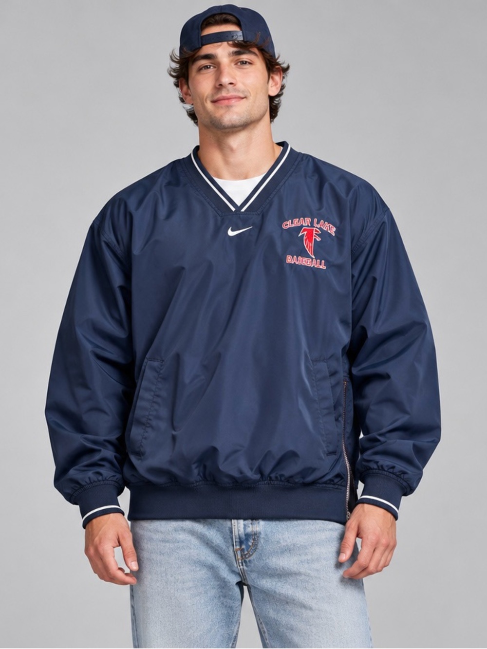 Y2K Nike Team Clear Lake Baseball Navy V-Neck Pullover Windbreaker Size L